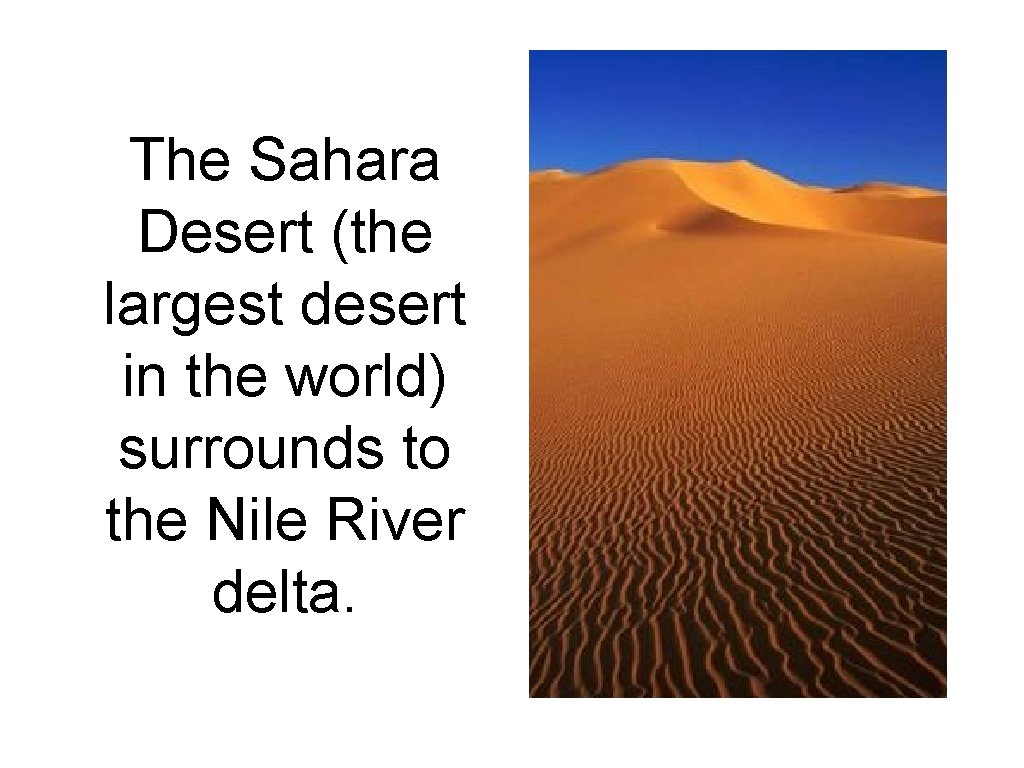 The Sahara Desert (the largest desert in the world) surrounds to the Nile River