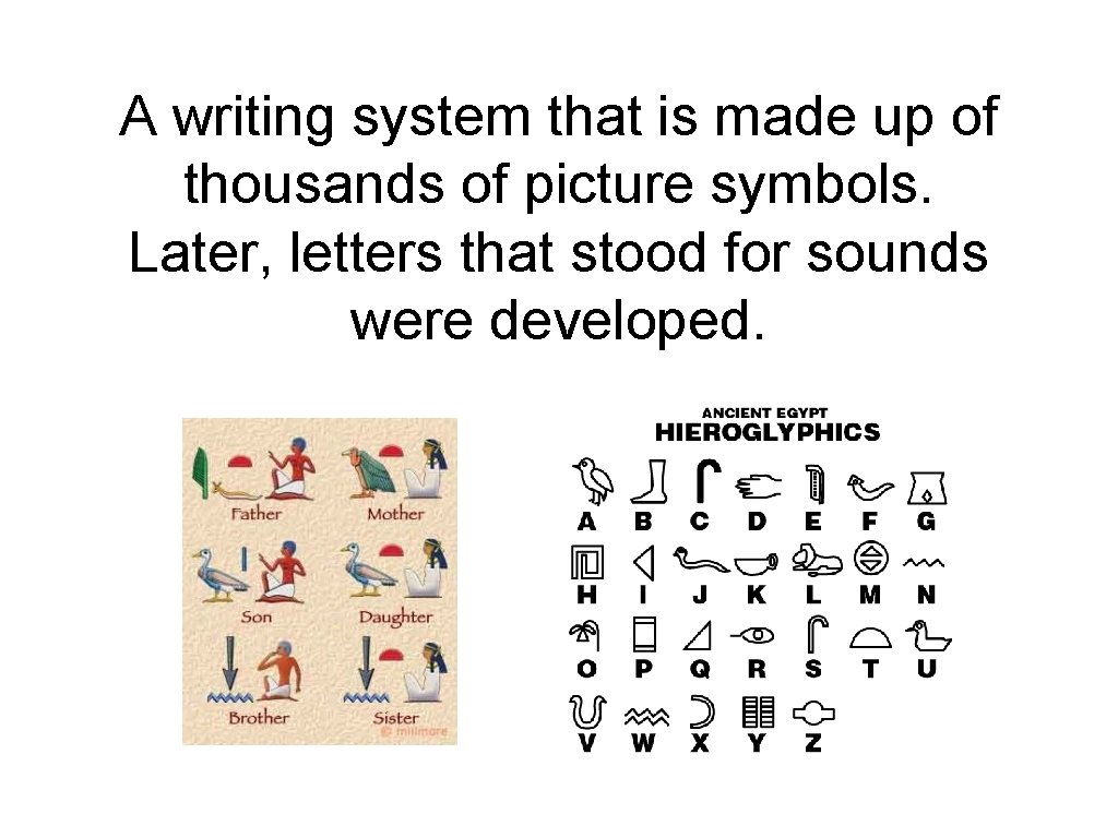 A writing system that is made up of thousands of picture symbols. Later, letters