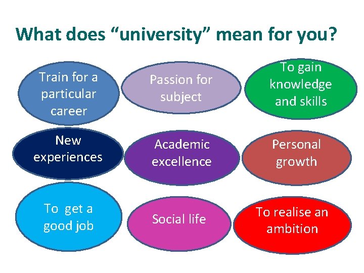 What does “university” mean for you? Train for a particular career Passion for subject