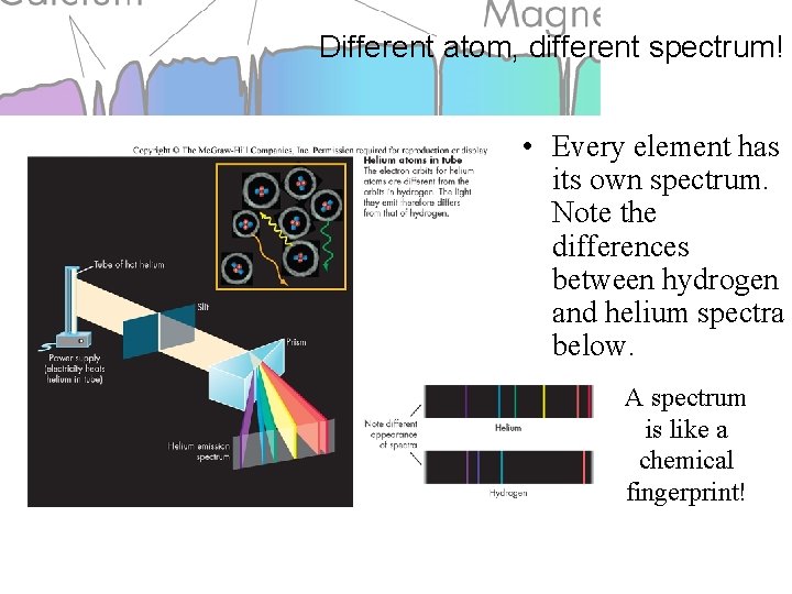 Different atom, different spectrum! • Every element has its own spectrum. Note the differences