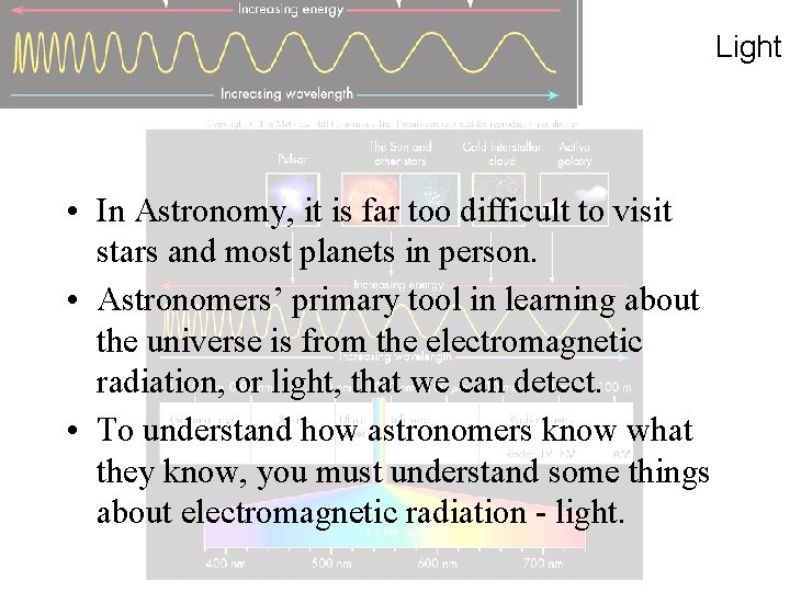 Light • In Astronomy, it is far too difficult to visit stars and most