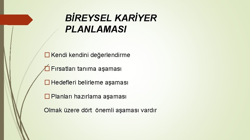 BİREYSEL KARİYER PLANLAMASI � Kendi kendini değerlendirme � Fırsatları tanıma aşaması � Hedefleri belirleme