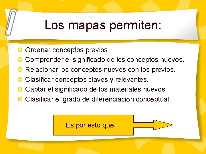 Los mapas permiten: Ordenar conceptos previos. Comprender el significado de los conceptos nuevos. Relacionar