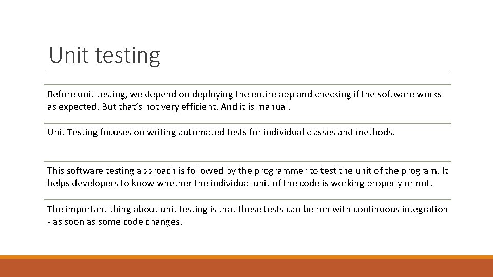 Unit testing Before unit testing, we depend on deploying the entire app and checking