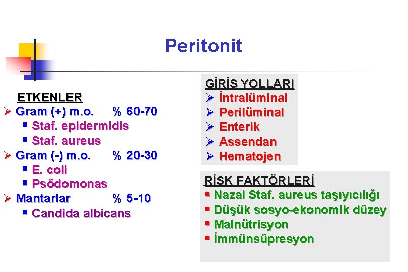 Peritonit ETKENLER Ø Gram (+) m. o. % 60 -70 § Staf. epidermidis §