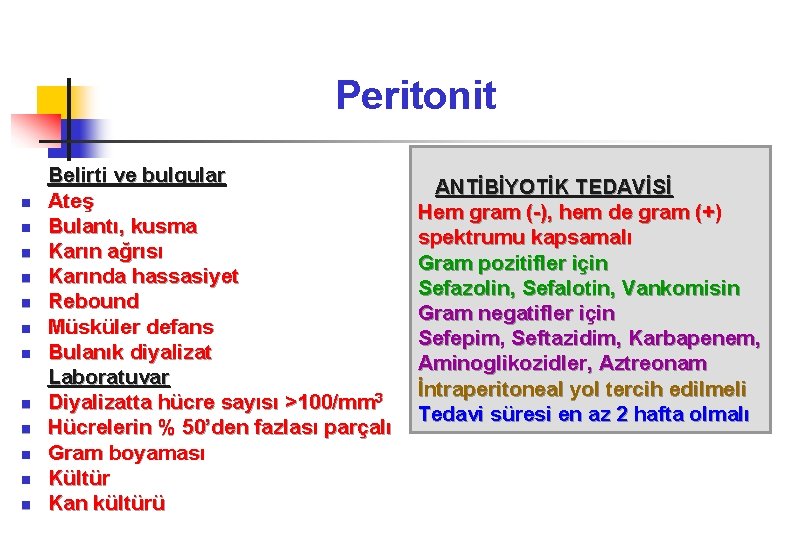 Peritonit n n n Belirti ve bulgular Ateş Bulantı, kusma Karın ağrısı Karında hassasiyet