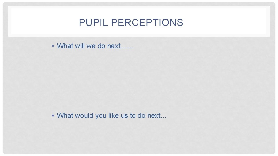 PUPIL PERCEPTIONS • What will we do next…… • What would you like us