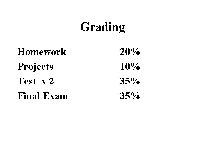 Grading Homework Projects Test x 2 Final Exam 20% 10% 35% 