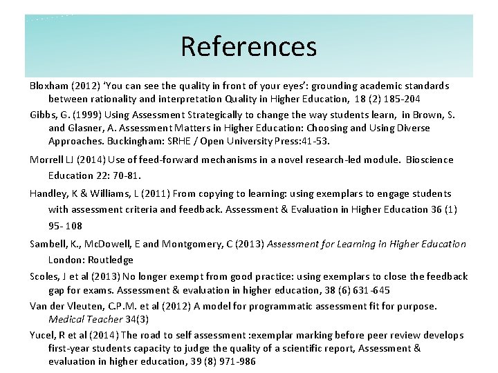 References Bloxham (2012) ‘You can see the quality in front of your eyes’: grounding