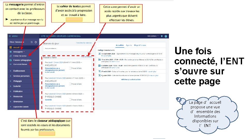 Une fois connecté, l’ENT s’ouvre sur cette page La page d’accueil propose une vue