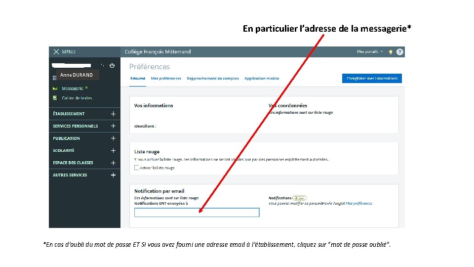 En particulier l’adresse de la messagerie* Anne DURAND *En cas d'oubli du mot de