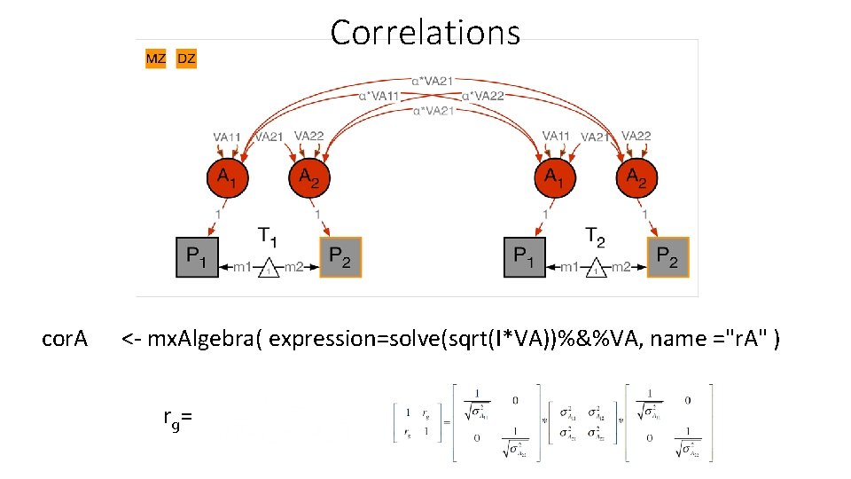 Correlations cor. A <- mx. Algebra( expression=solve(sqrt(I*VA))%&%VA, name ="r. A" ) r g= 