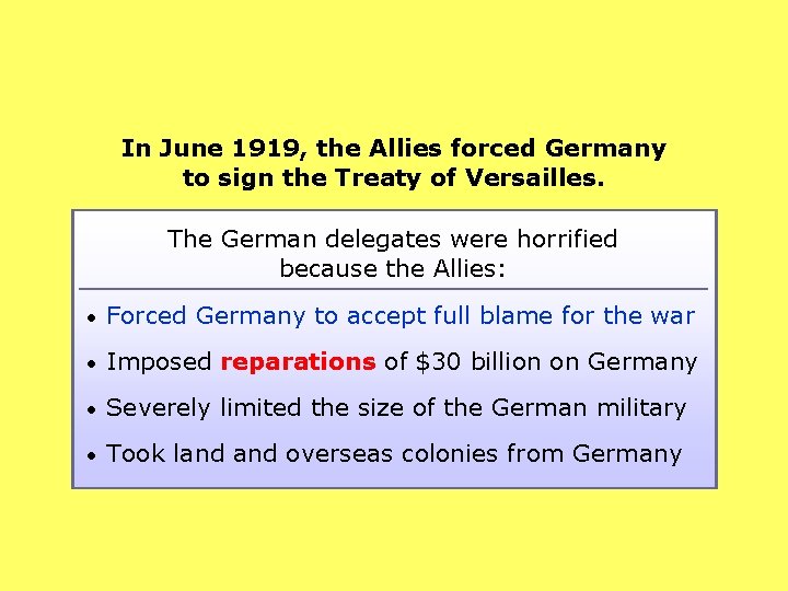 In June 1919, the Allies forced Germany to sign the Treaty of Versailles. The