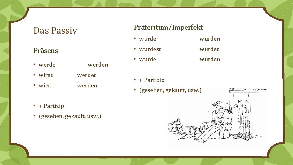 Präteritum/Imperfekt Das Passiv Präsens • werden • wirst werdet • wird werden • +