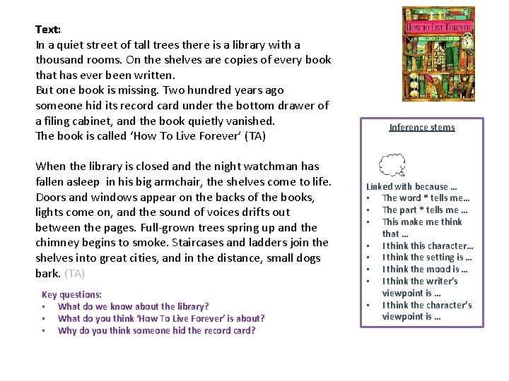 Text: In a quiet street of tall trees there is a library with a