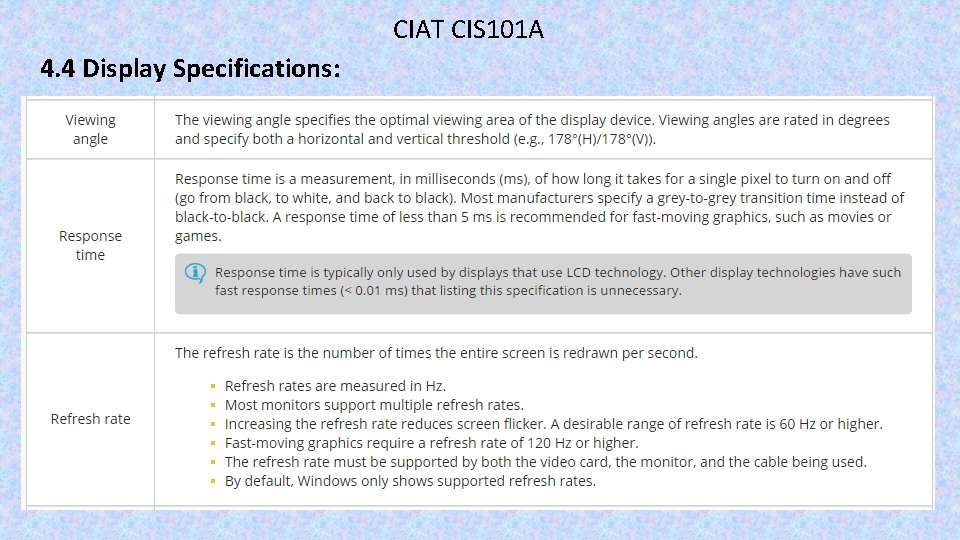 CIAT CIS 101 A 4. 4 Display Specifications: 