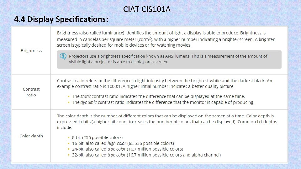 4. 4 Display Specifications: CIAT CIS 101 A 