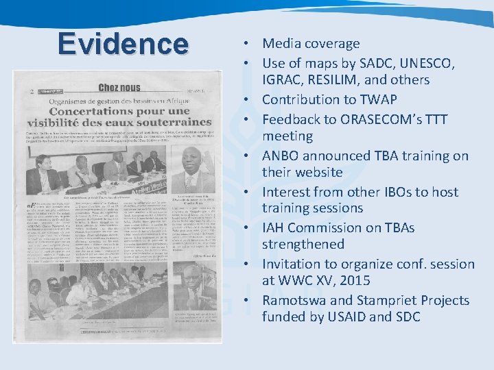Evidence • Media coverage • Use of maps by SADC, UNESCO, IGRAC, RESILIM, and