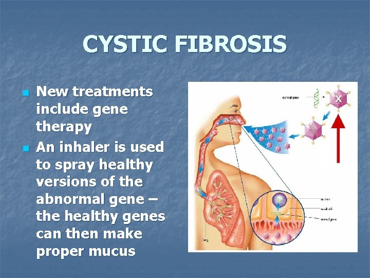 CYSTIC FIBROSIS n n New treatments include gene therapy An inhaler is used to