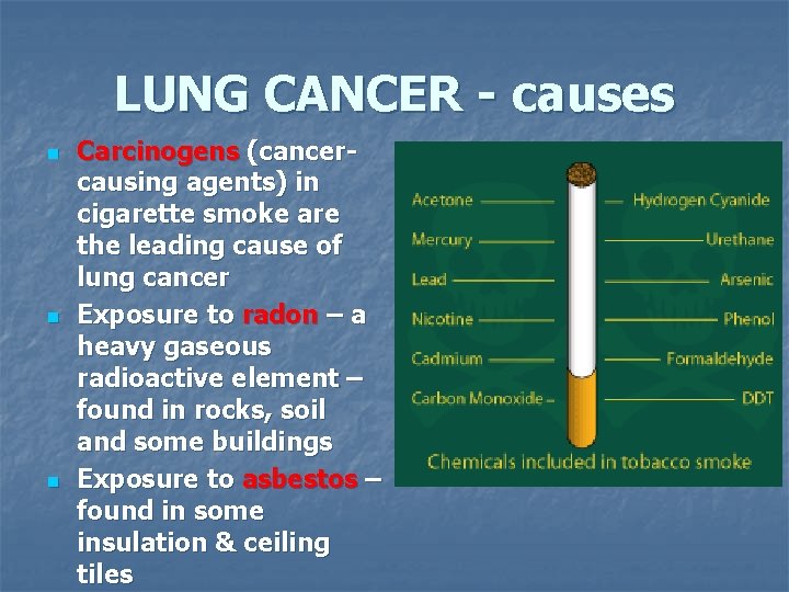 LUNG CANCER - causes n n n Carcinogens (cancercausing agents) in cigarette smoke are