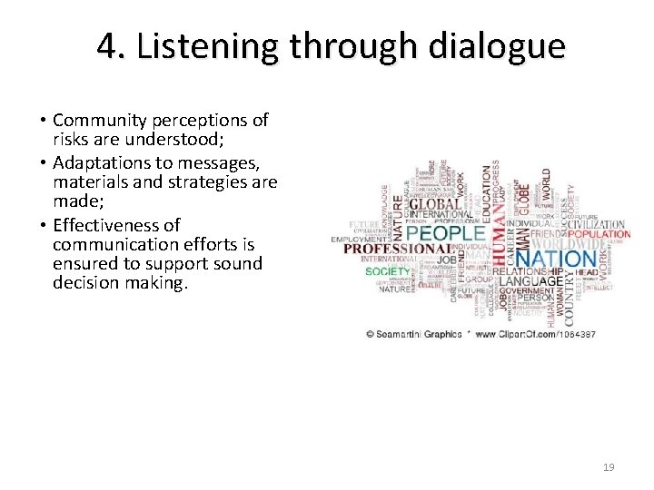 4. Listening through dialogue • Community perceptions of risks are understood; • Adaptations to