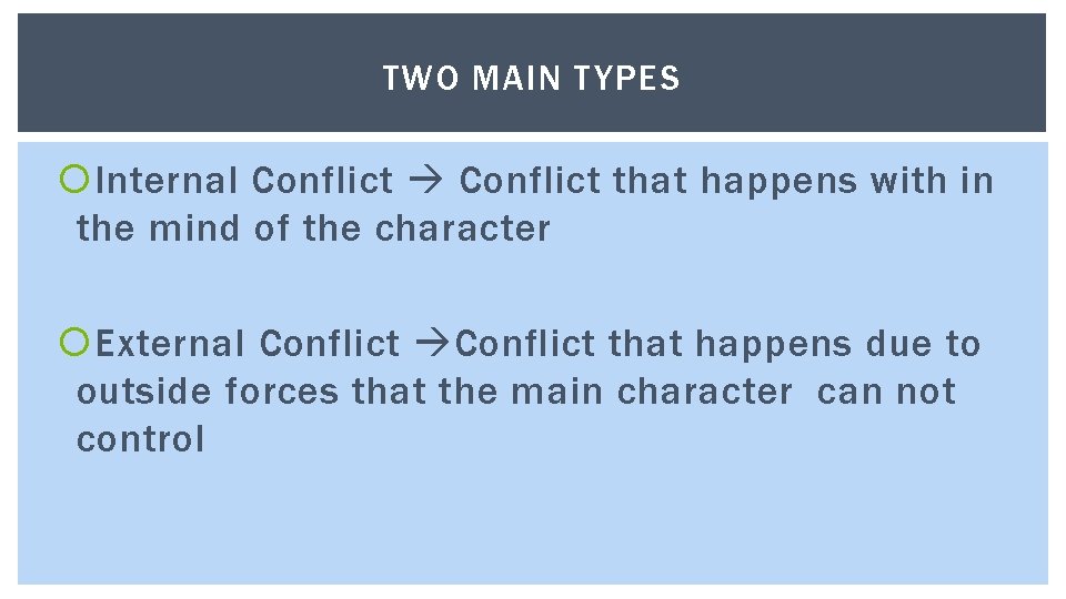 TWO MAIN TYPES Internal Conflict that happens with in the mind of the character