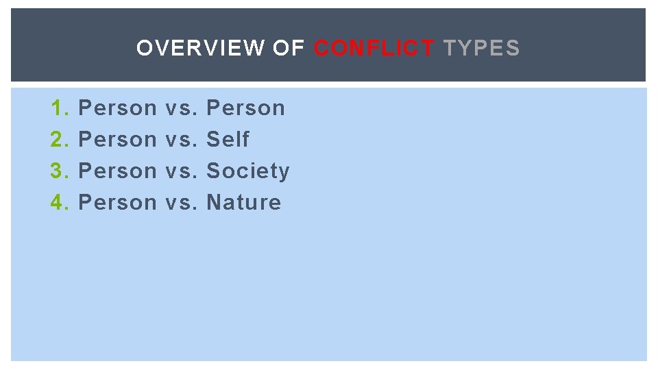 OVERVIEW OF CONFLICT TYPES 1. 2. 3. 4. Person vs. vs. Person Self Society