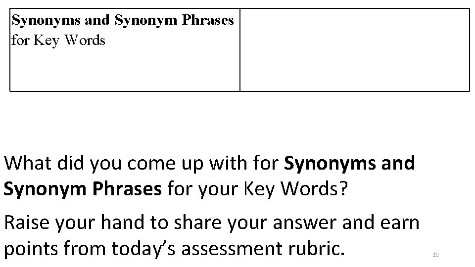 Synonyms and Synonym Phrases for Key Words What did you come up with for