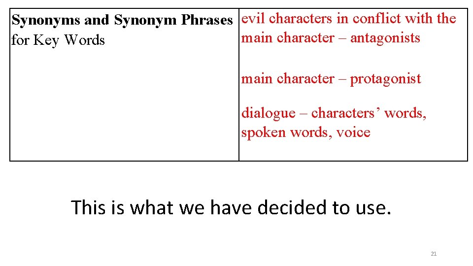 Synonyms and Synonym Phrases evil characters in conflict with the main character – antagonists