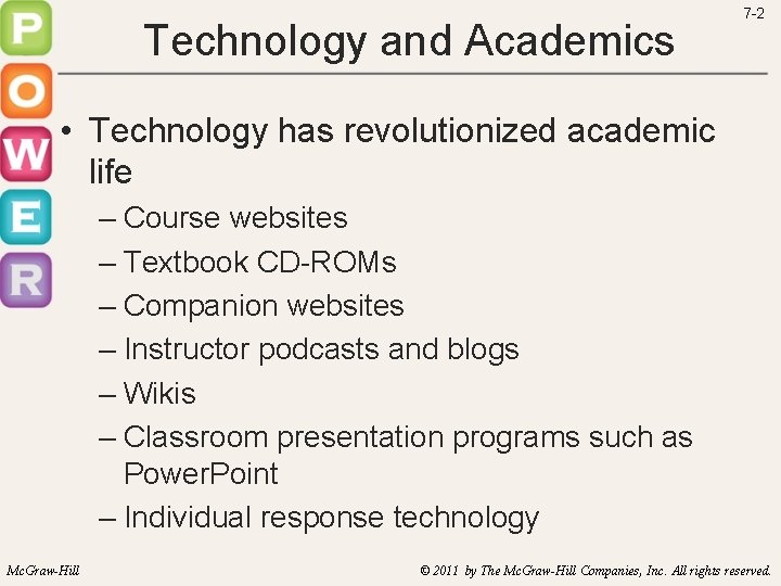 Technology and Academics 7 -2 • Technology has revolutionized academic life – Course websites