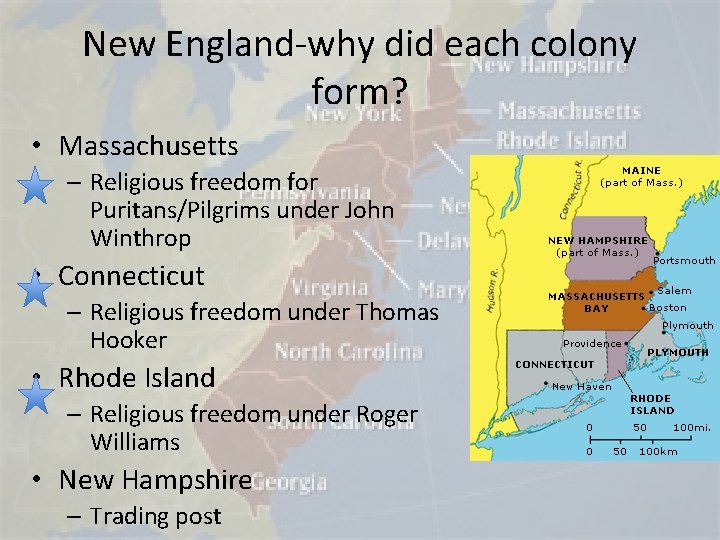 New England-why did each colony form? • Massachusetts – Religious freedom for Puritans/Pilgrims under