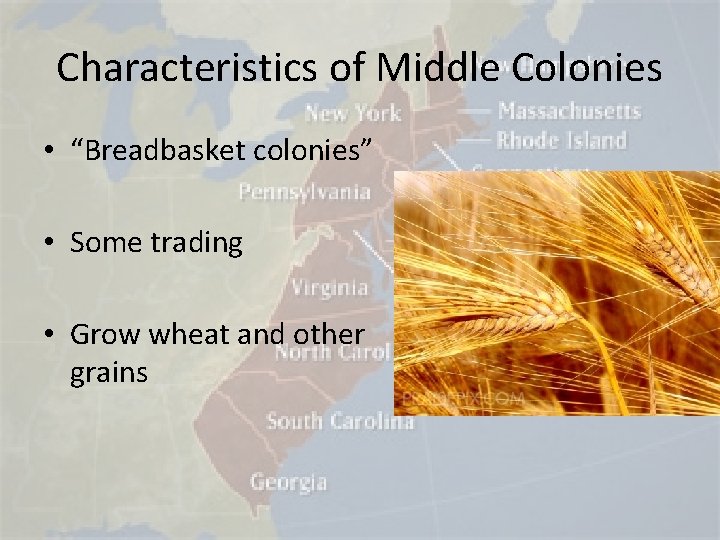 Characteristics of Middle Colonies • “Breadbasket colonies” • Some trading • Grow wheat and