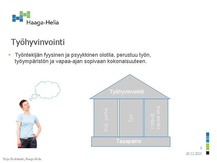 Työhyvinvointi § Työntekijän fyysinen ja psyykkinen olotila, perustuu työn, työympäristön ja vapaa-ajan sopivaan kokonaisuuteen.