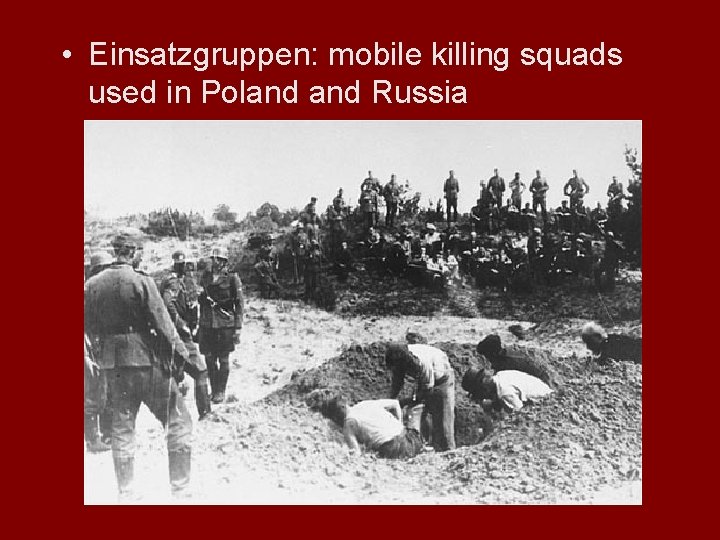  • Einsatzgruppen: mobile killing squads used in Poland Russia 