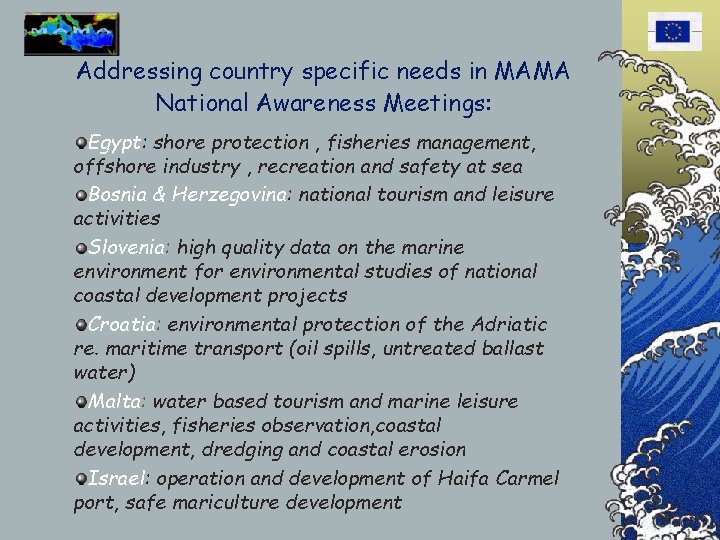 Addressing country specific needs in MAMA National Awareness Meetings: Egypt: shore protection , fisheries