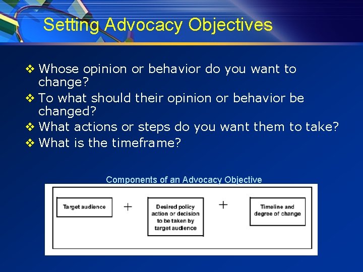 Setting Advocacy Objectives v Whose opinion or behavior do you want to change? v