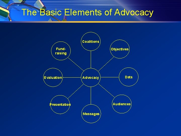The Basic Elements of Advocacy Coalitions Fundraising Evaluation Objectives Advocacy Data Audiences Presentation Messages