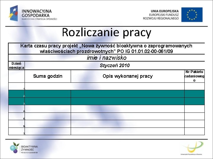 Rozliczanie pracy Karta czasu pracy projekt „Nowa żywność bioaktywna o zaprogramowanych właściwościach prozdrowotnych” PO