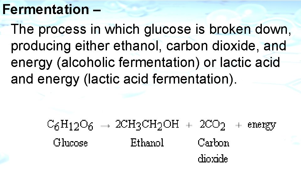 Fermentation – The process in which glucose is broken down, producing either ethanol, carbon