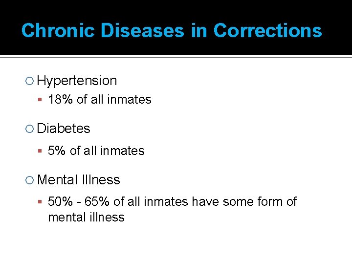 Chronic Diseases in Corrections Hypertension 18% of all inmates Diabetes 5% of all inmates