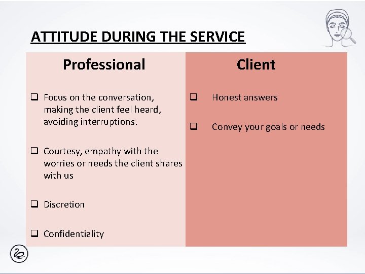 ATTITUDE DURING THE SERVICE Professional q Focus on the conversation, making the client feel