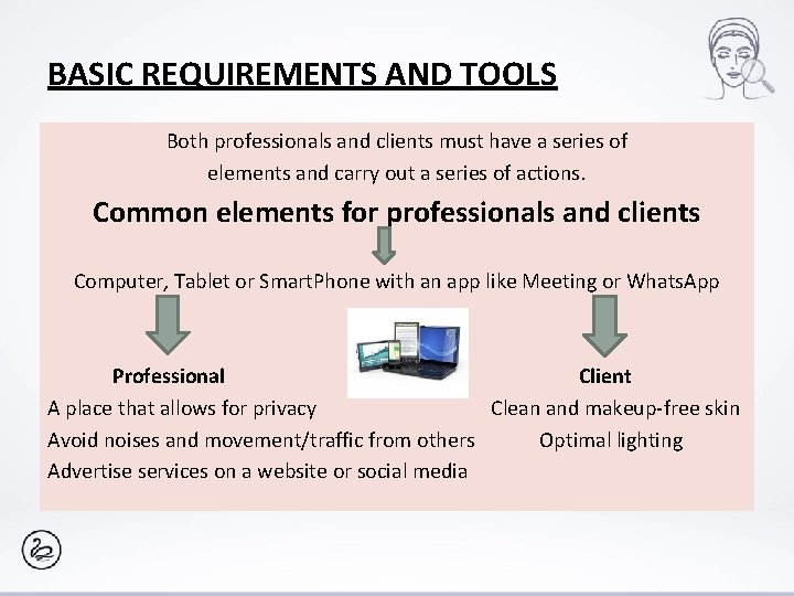 BASIC REQUIREMENTS AND TOOLS Both professionals and clients must have a series of elements