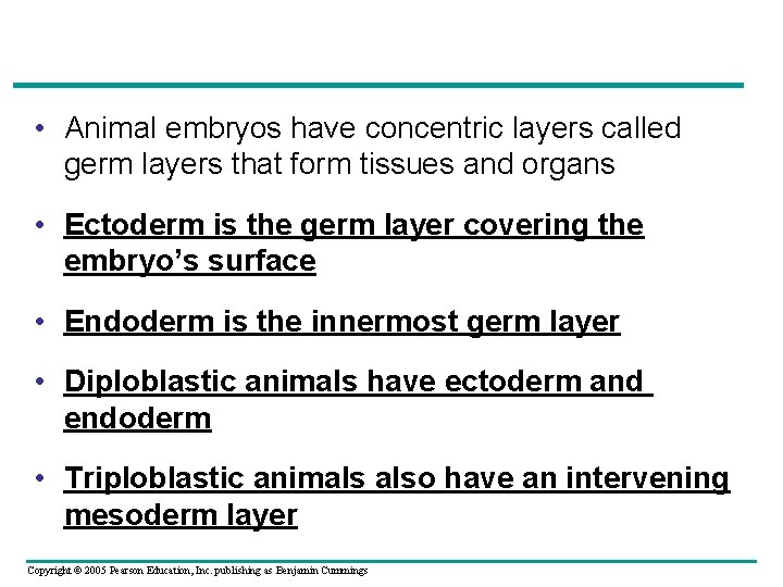  • Animal embryos have concentric layers called germ layers that form tissues and