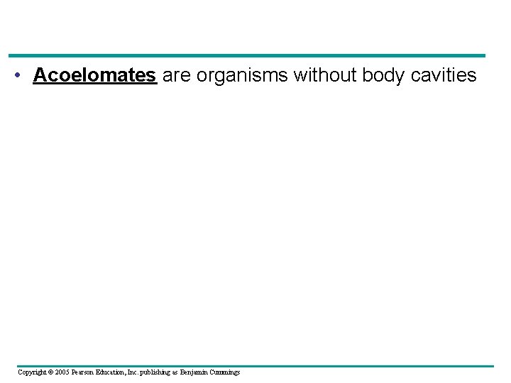  • Acoelomates are organisms without body cavities Copyright © 2005 Pearson Education, Inc.