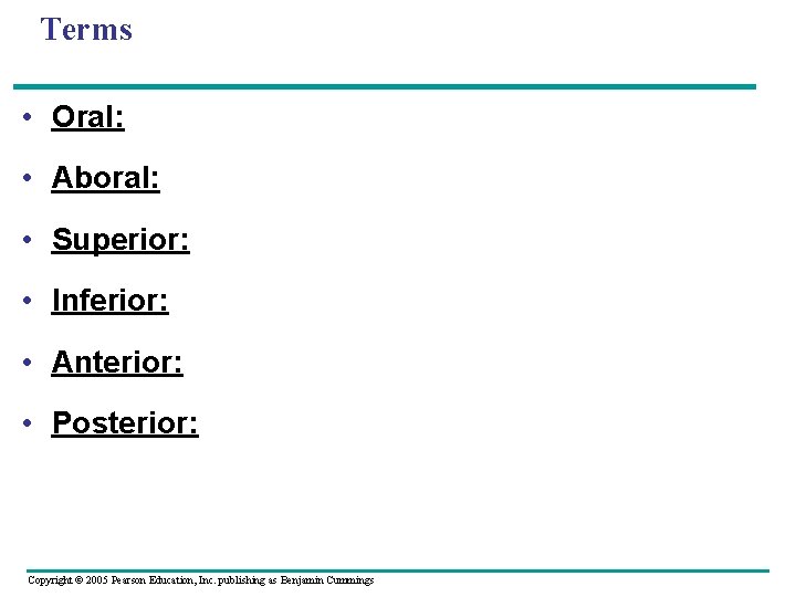 Terms • Oral: • Aboral: • Superior: • Inferior: • Anterior: • Posterior: Copyright