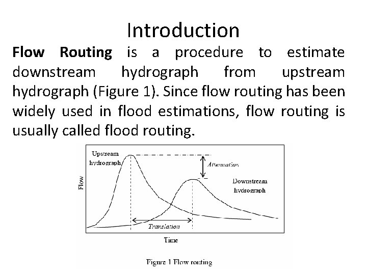 Introduction Flow Routing is a procedure to estimate downstream hydrograph from upstream hydrograph (Figure