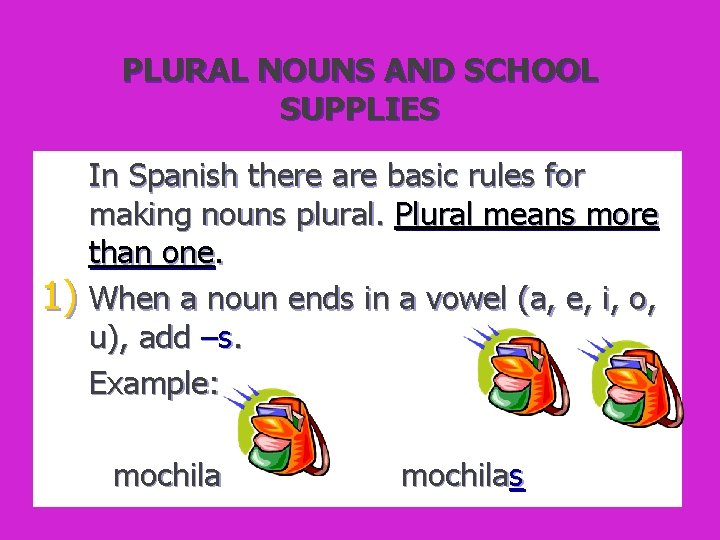 PLURAL NOUNS AND SCHOOL SUPPLIES 1) In Spanish there are basic rules for making