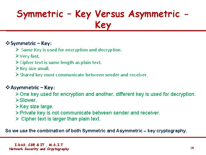 Symmetric – Key Versus Asymmetric Key v. Symmetric – Key: Ø Same Key is