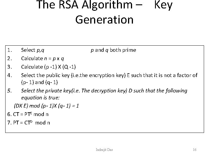 The RSA Algorithm – Key Generation 1. 2. 3. 4. Select p, q p