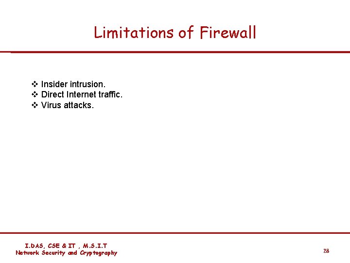 Limitations of Firewall v Insider intrusion. v Direct Internet traffic. v Virus attacks. I.